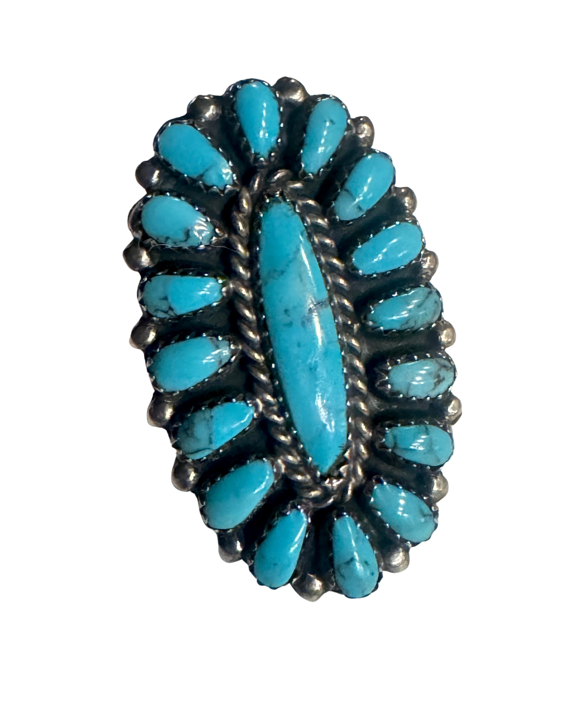 Sterling Silver +  Turquoise Cluster Ring- Signed HB - Native American c. 1970s - Size 8
