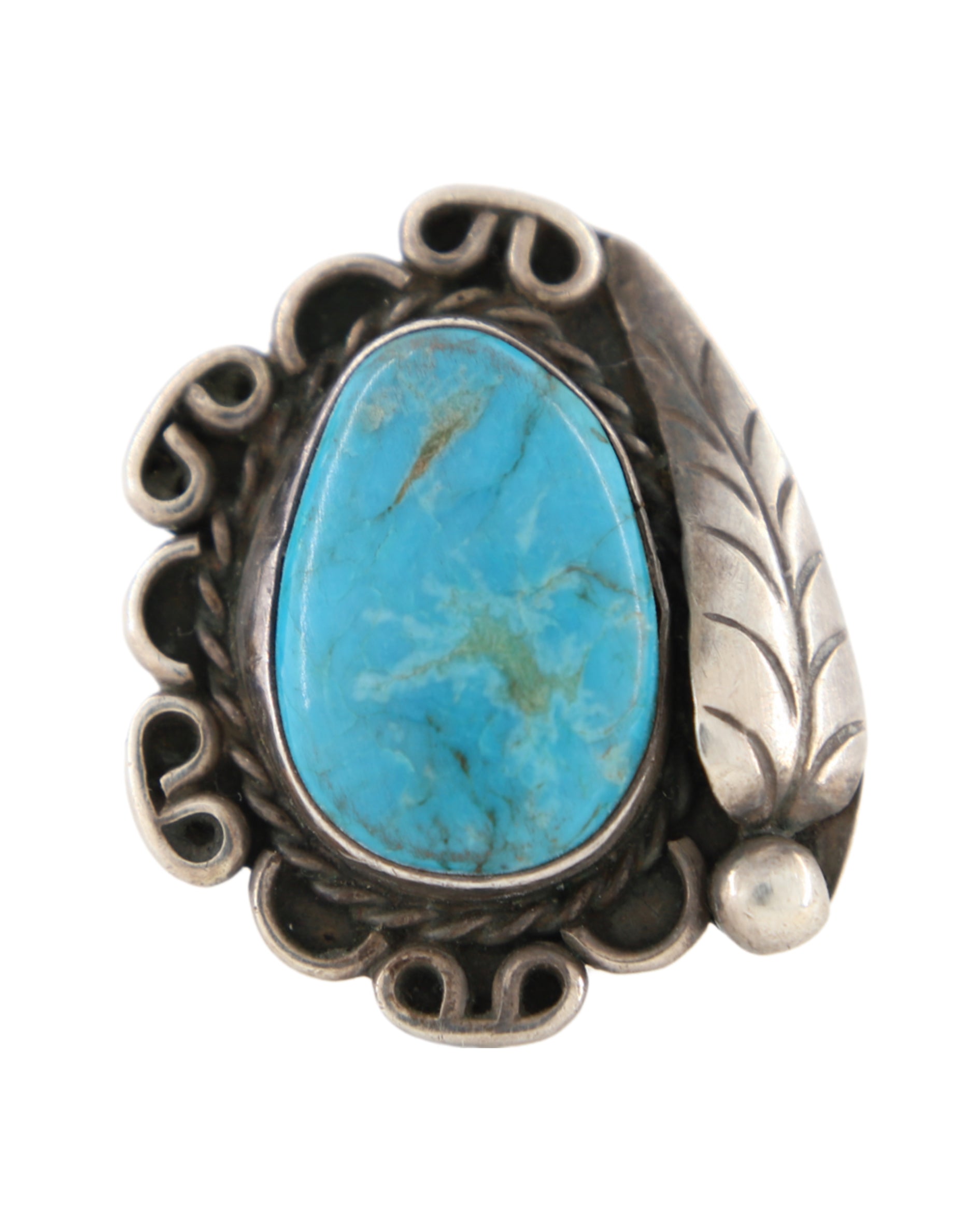 Sterling Flower Setting Ring w Leaf + Turquoise sz 8