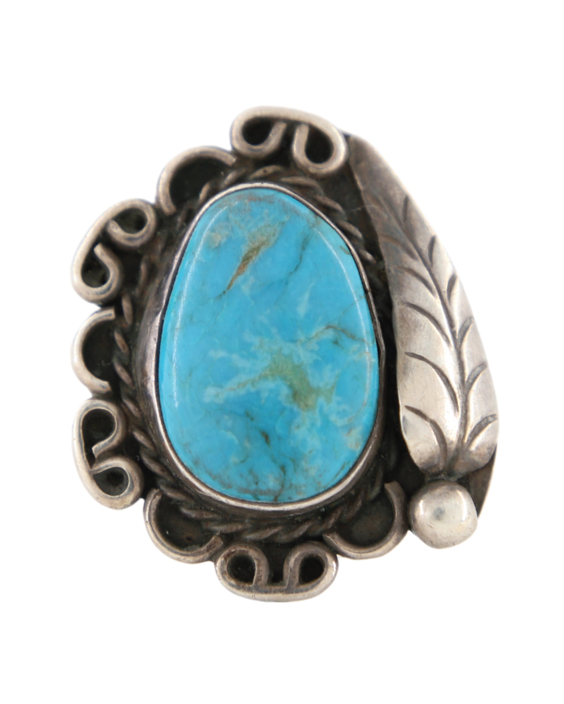 Sterling Flower Setting Ring with Leaf and Turquoise.