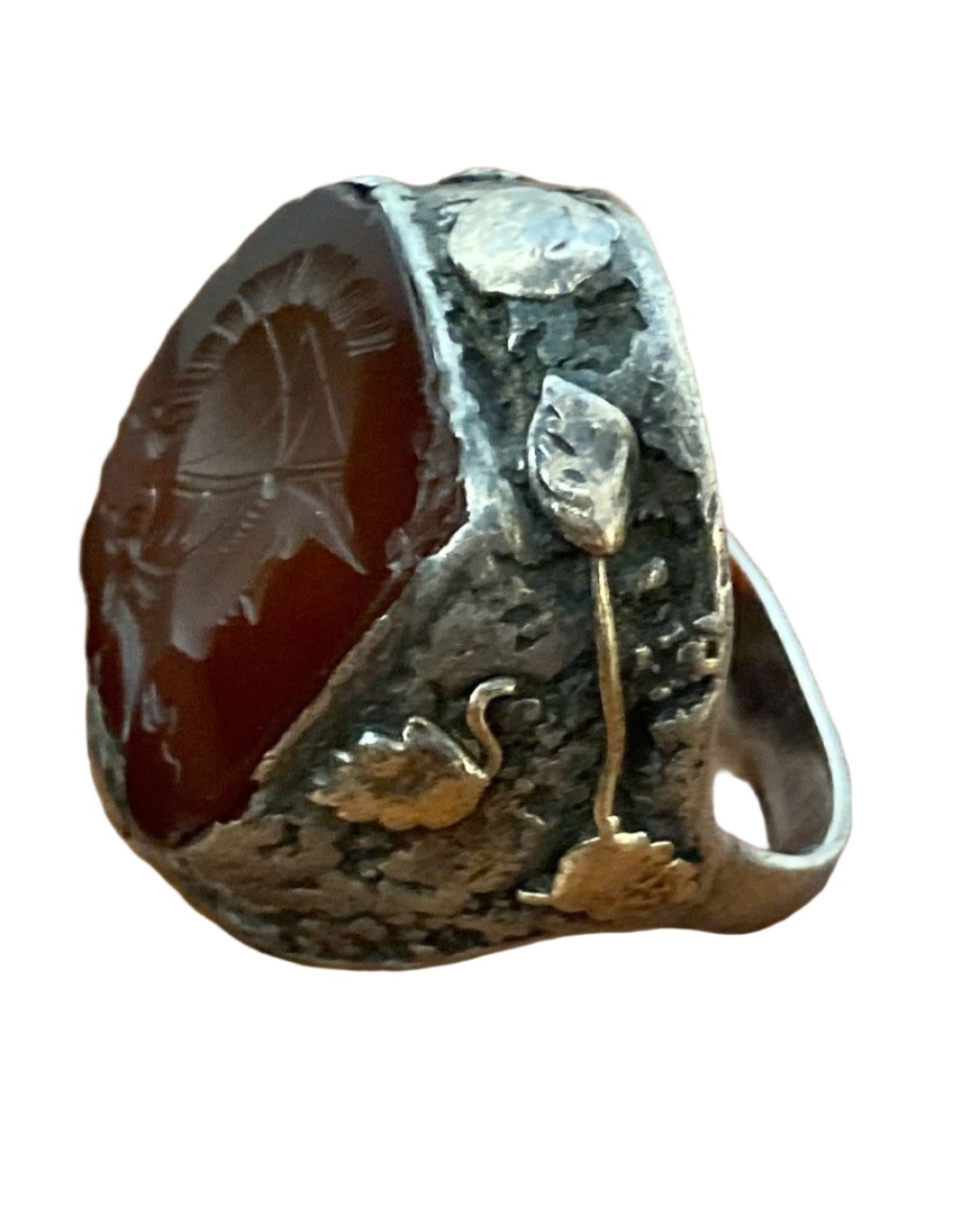 The right side view of the Early 1800s Sterling 10K Gold Carnelian Conquistador Ring.