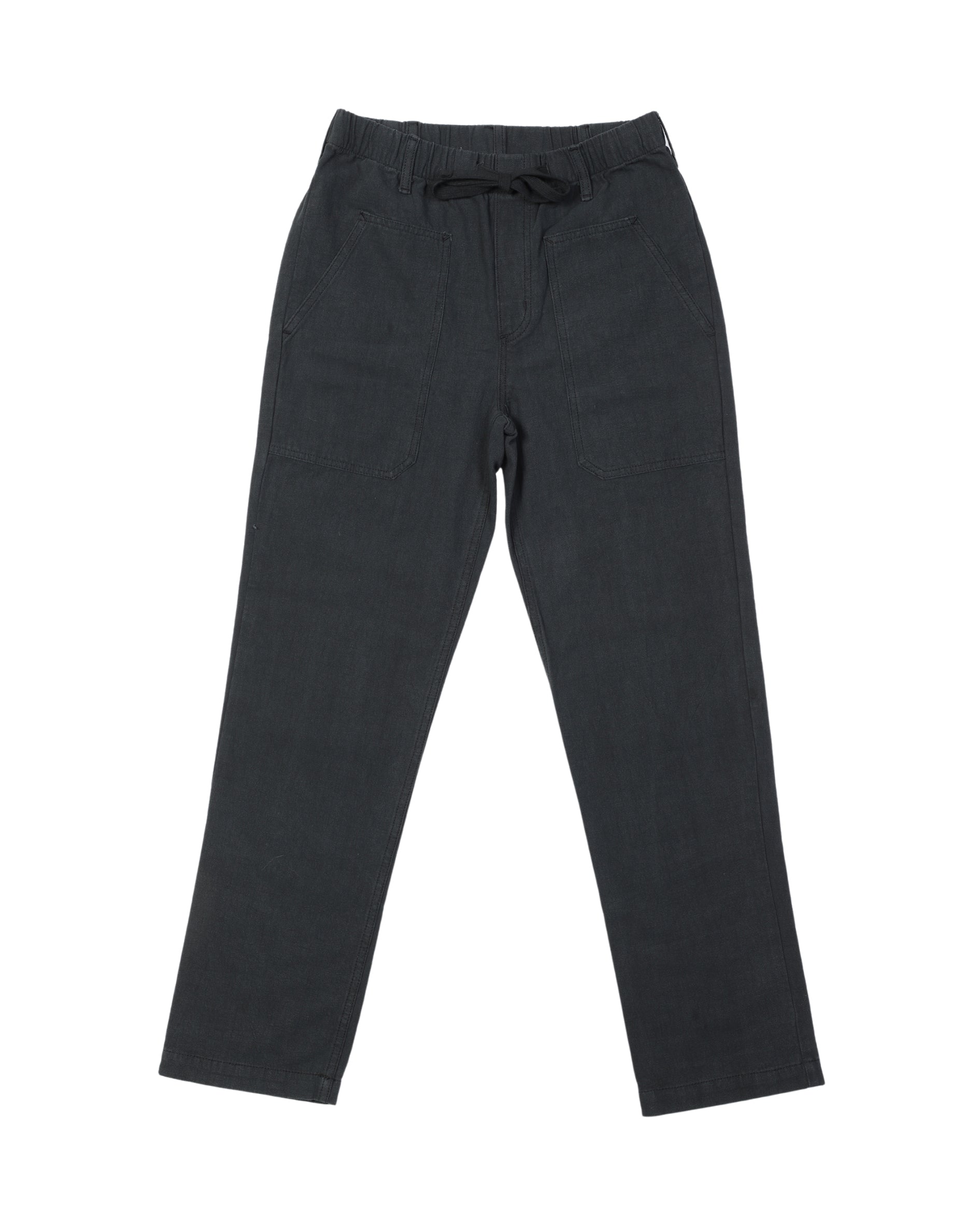 A pair of washed black cotton canvas easy pants with a straight-leg fit, elastic waist, drawstring, and belt loops.