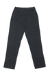 The back side of a pair of washed black cotton canvas easy pants with a straight-leg fit, elastic waist, drawstring, and belt loops.