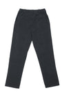 The back side of a pair of washed black cotton canvas easy pants with a straight-leg fit, elastic waist, drawstring, and belt loops.