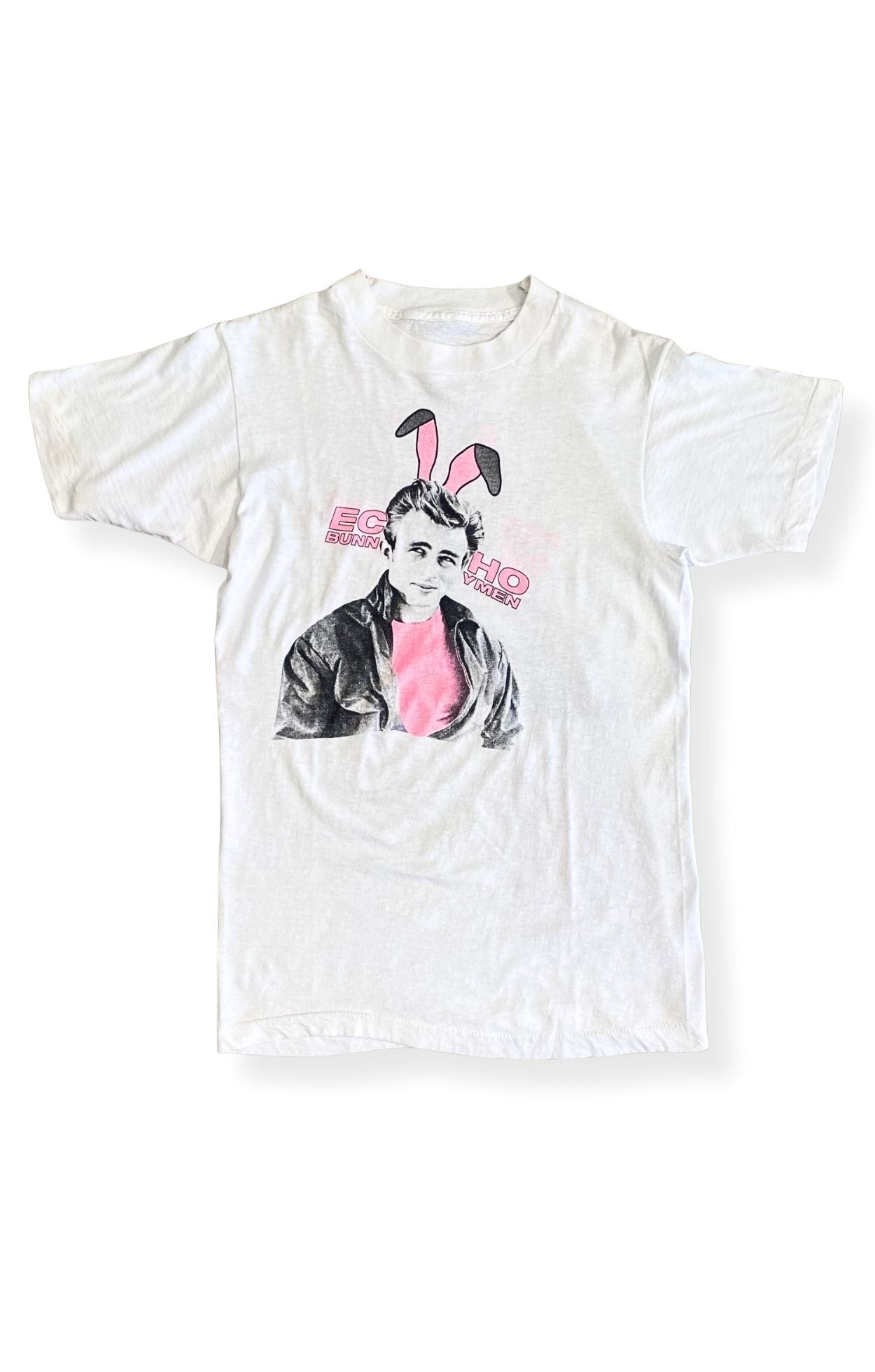 Front view of 1984 Echo + the Bunnymen James Dean tour T-shirt with bunny ears graphic.