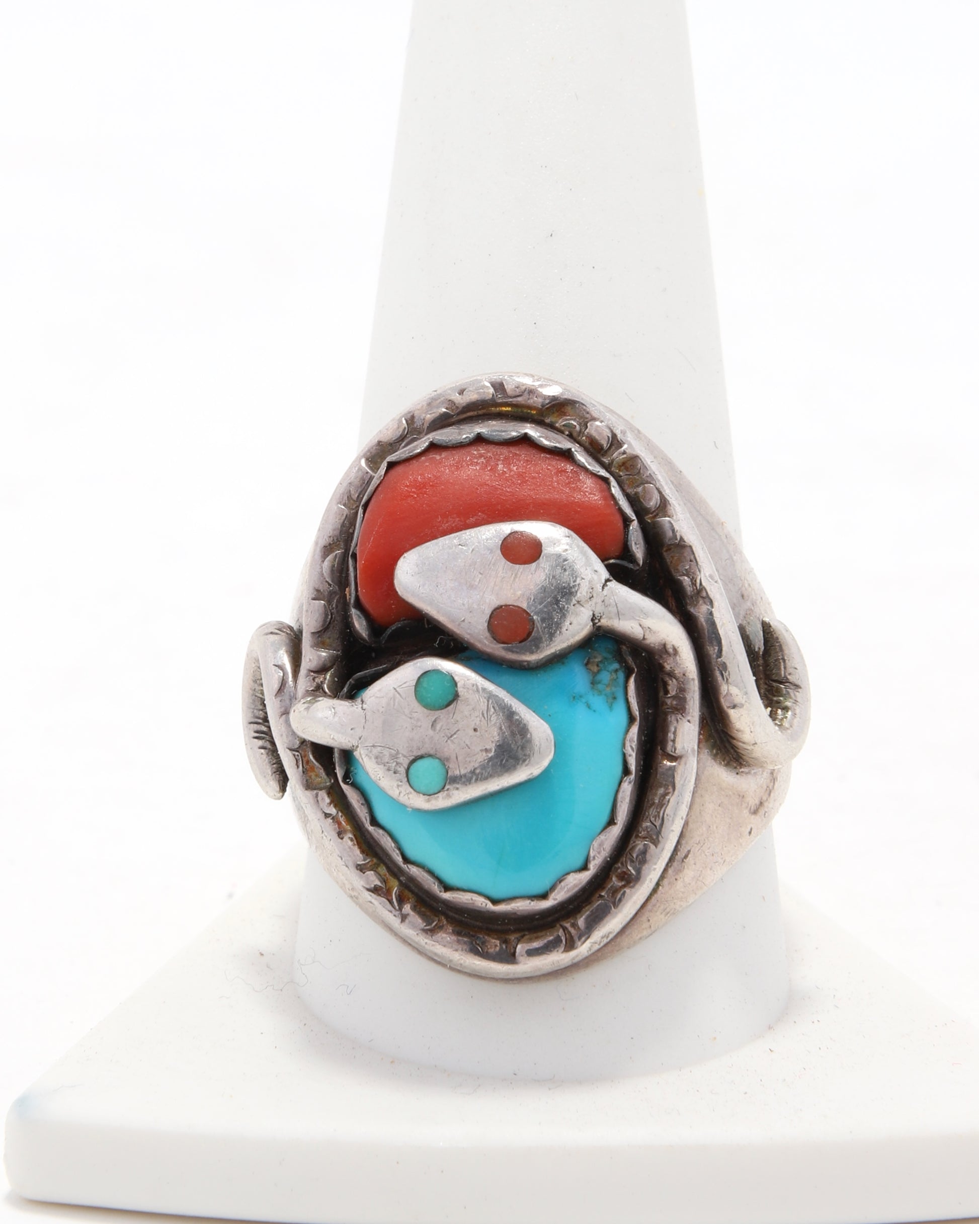 Effie C Zuni Snake Turquoise Coral Sterling Ring on white background. 