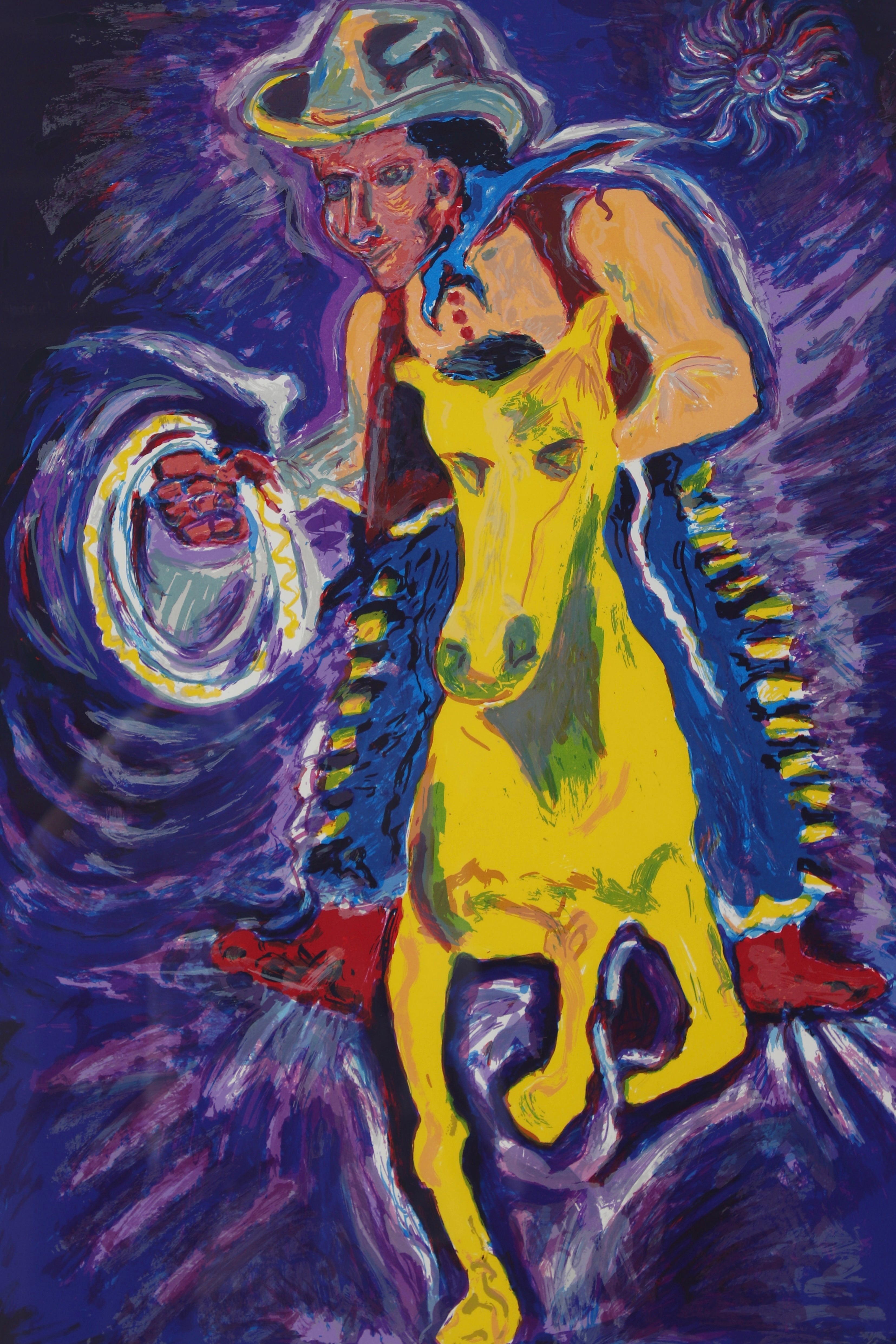 Artwork titled 'El Vaquero' by Yolanda Gonzalez. The vibrant screen print features a colorful depiction of a cowboy on a yellow horse, with a dynamic background of swirling colors. The piece is framed in black wood with a purple matte, emphasizing the artwork's bold and expressive colors.