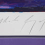 Artist signature written in pencil on white border of art paper - purple paint above and purple matt below