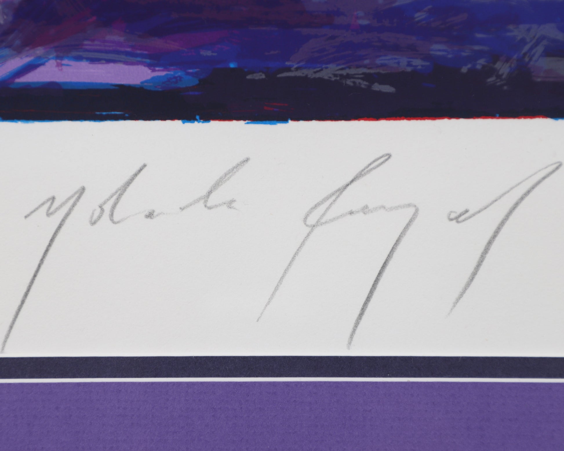 Artist signature written in pencil on white border of art paper - purple paint above and purple matt below