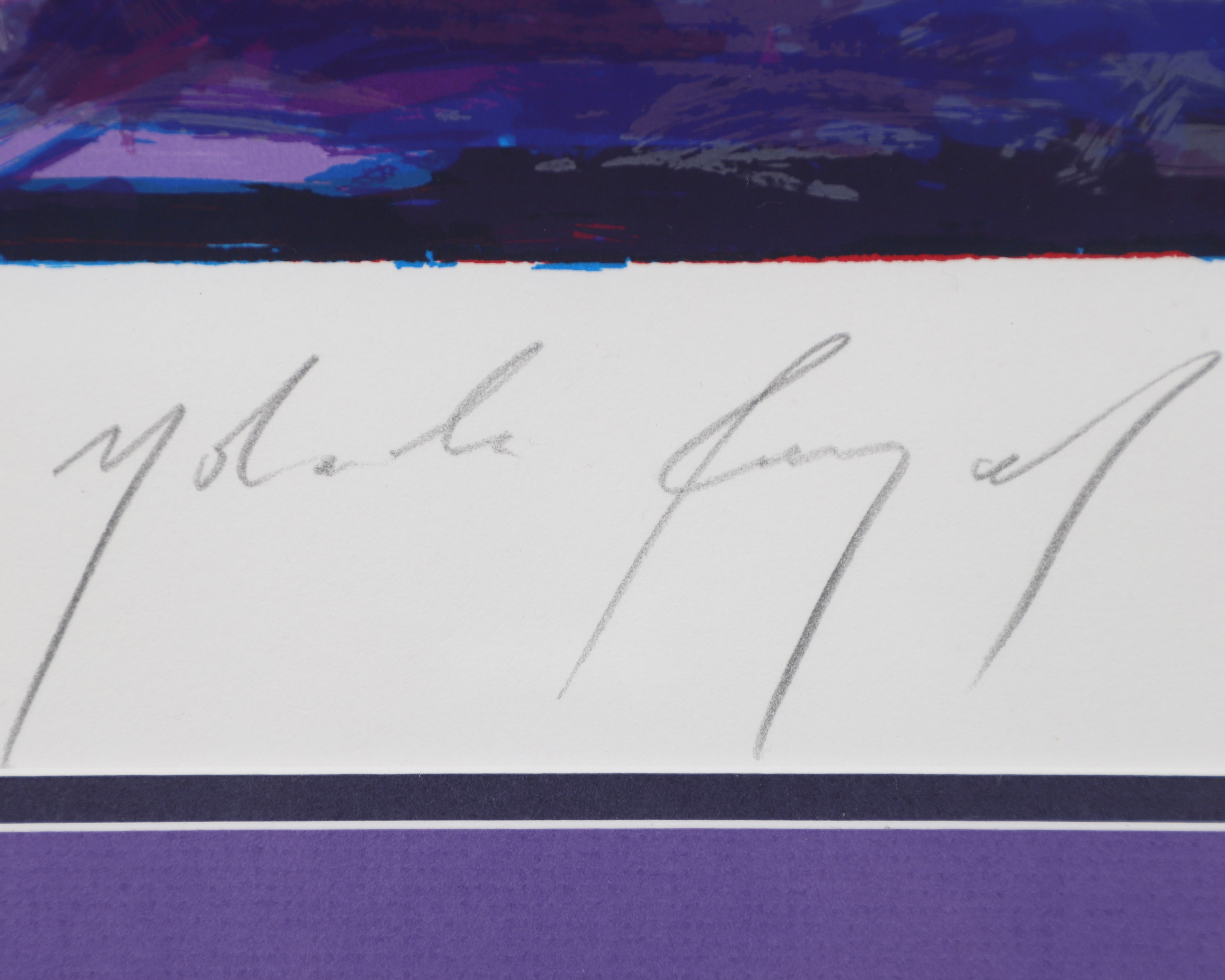 Artist signature written in pencil on white border of art paper - purple paint above and purple matt below