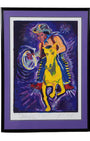 Framed artwork titled 'El Vaquero' by Yolanda Gonzalez. The vibrant screen print features a colorful depiction of a cowboy on a yellow horse, with a dynamic background of swirling colors. The piece is framed in black wood with a purple matte, emphasizing the artwork's bold and expressive colors.