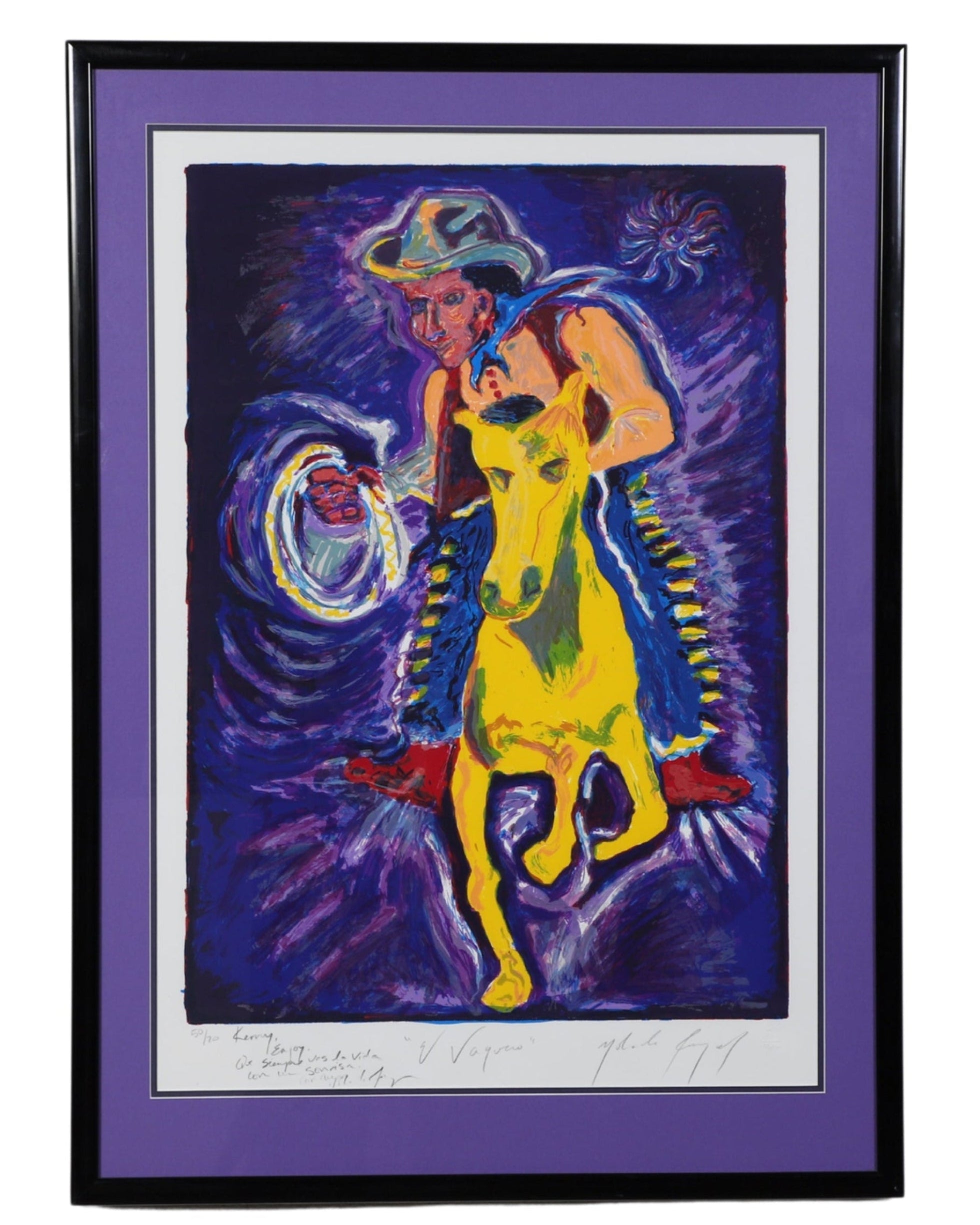 Framed artwork titled 'El Vaquero' by Yolanda Gonzalez. The vibrant screen print features a colorful depiction of a cowboy on a yellow horse, with a dynamic background of swirling colors. The piece is framed in black wood with a purple matte, emphasizing the artwork's bold and expressive colors.