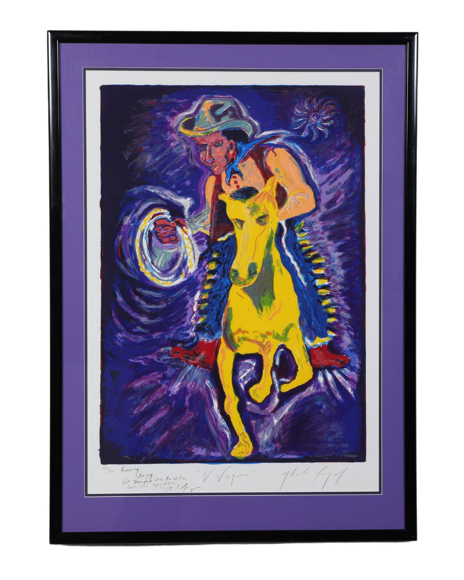 Framed artwork titled 'El Vaquero' by Yolanda Gonzalez. The vibrant screen print features a colorful depiction of a cowboy on a yellow horse, with a dynamic background of swirling colors. The piece is framed in black wood with a purple matte, emphasizing the artwork's bold and expressive colors.