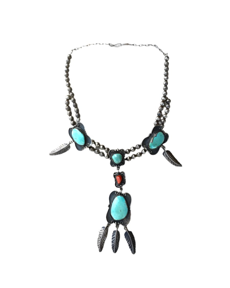 Vintage Native American sterling turquoise coral feather necklace Signed piece shops A