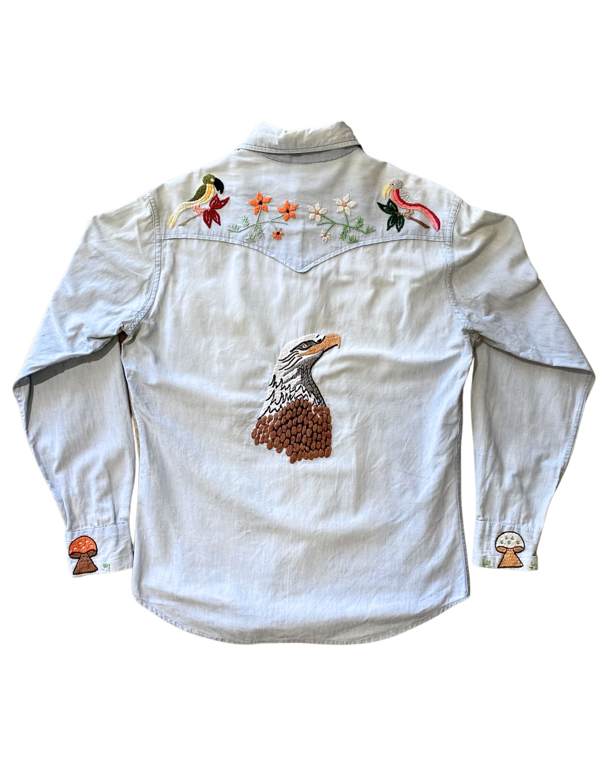 1970s Womens Embroidered Chambray Shirt with Strawberries, Flowers + Birds - Medium