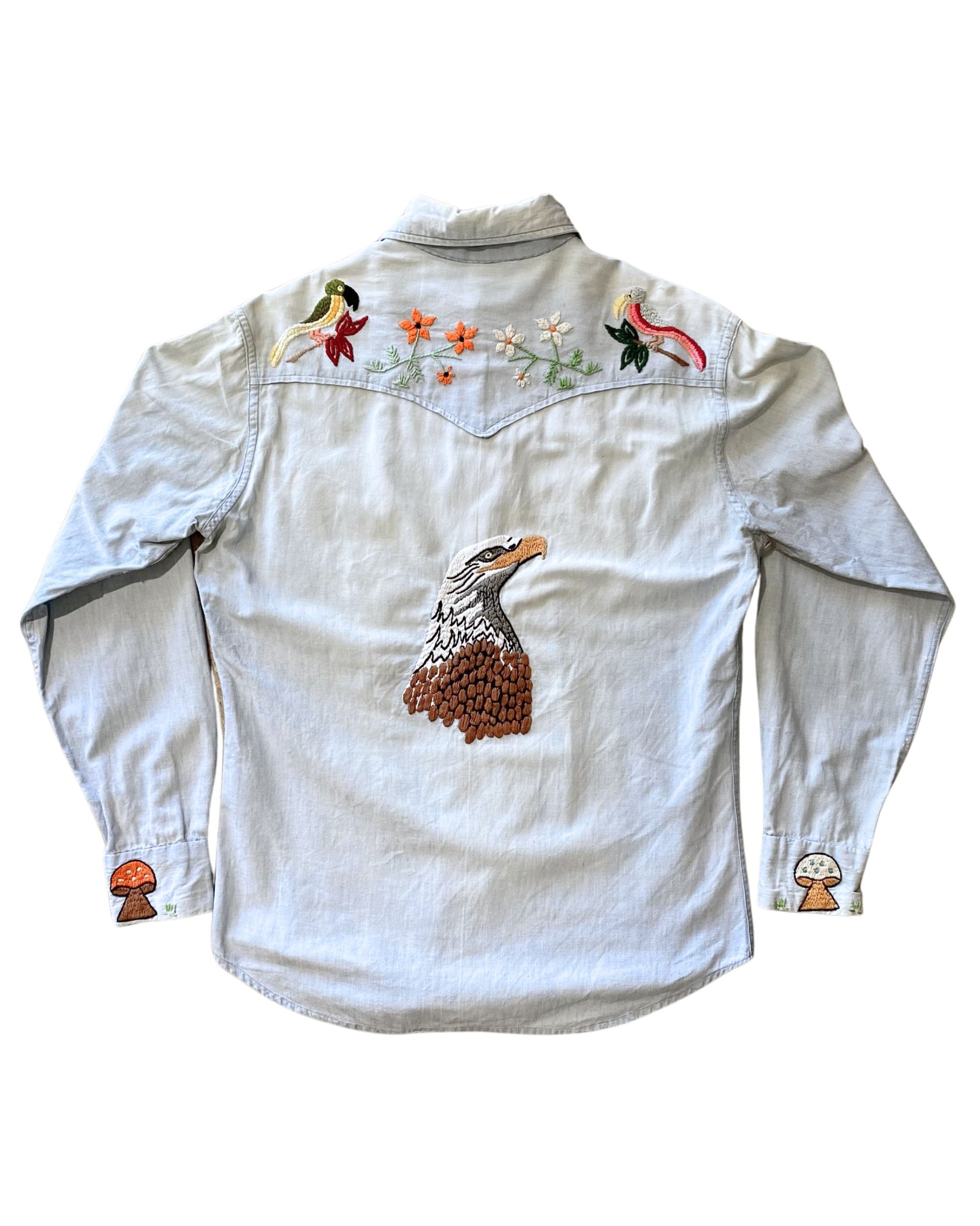 1970s Womens Embroidered Chambray Shirt with Strawberries, Flowers + Birds - Medium