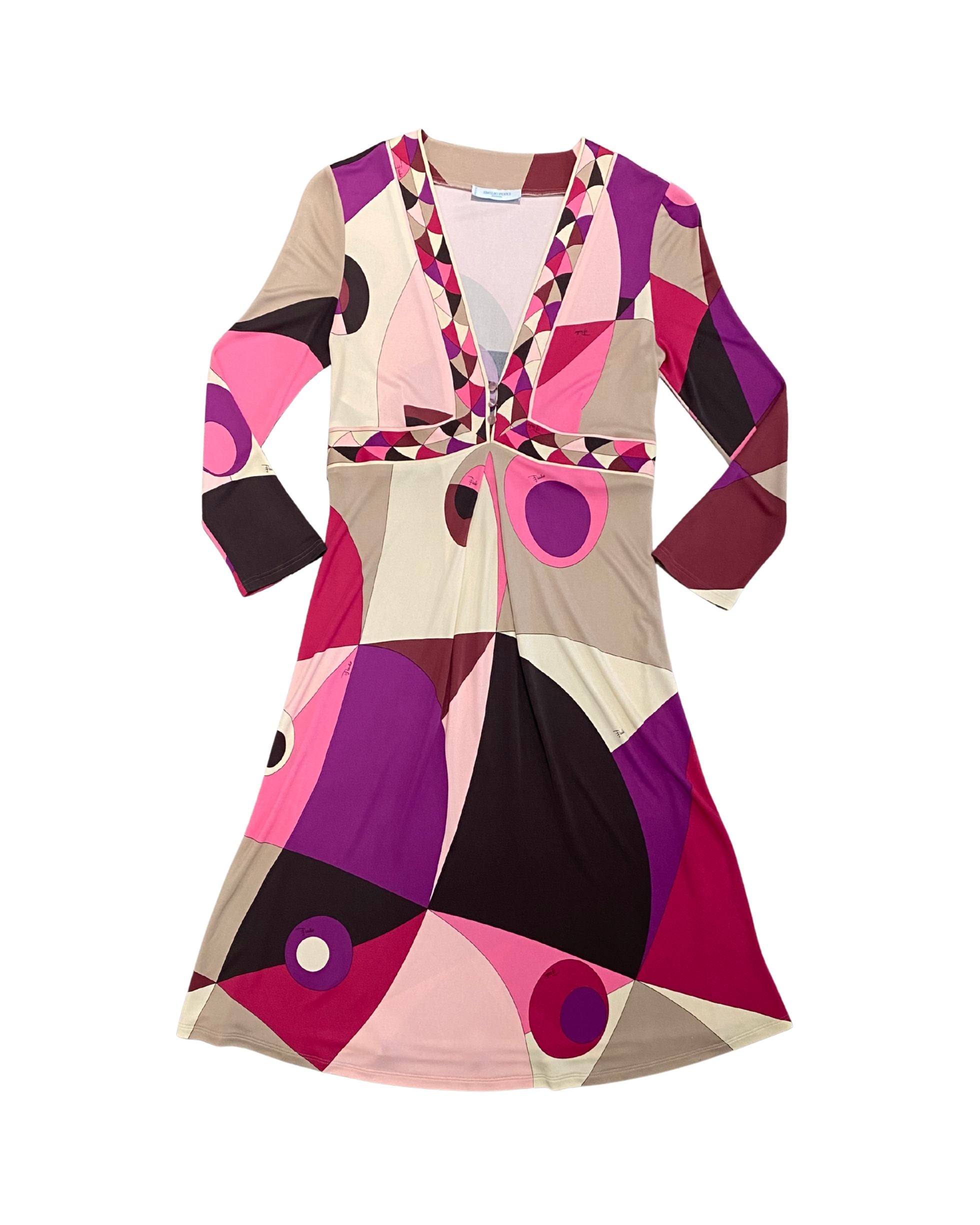 Emilio Pucci 1990s geometric print dress front pink plum cream long sleeve size 8.