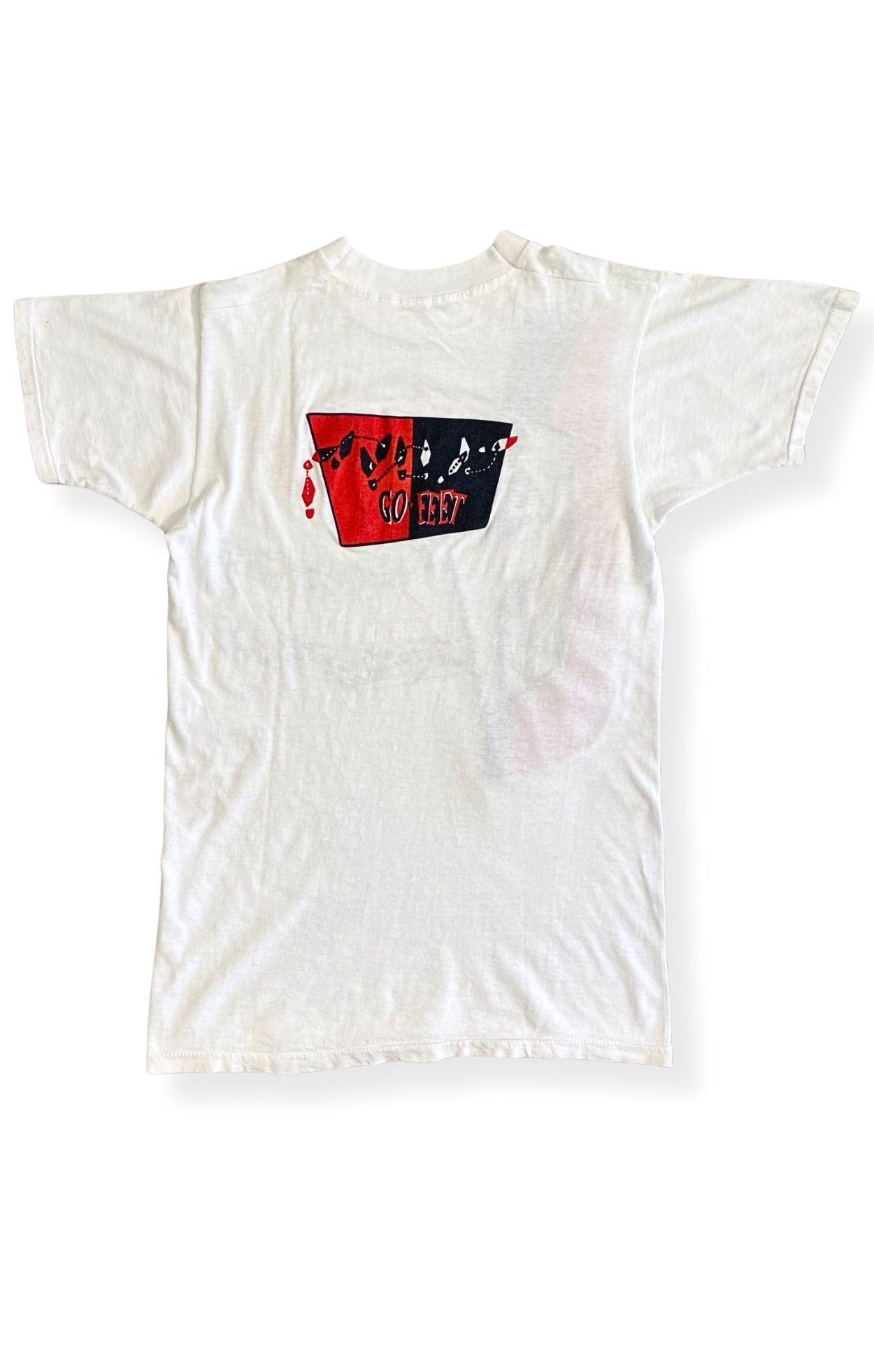 Back view of white cotton tee with Go-Feet Records logo in red and black.