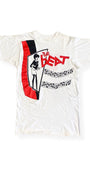 Front view of vintage 1980s English Beat T-shirt with red and black mod girl graphic.