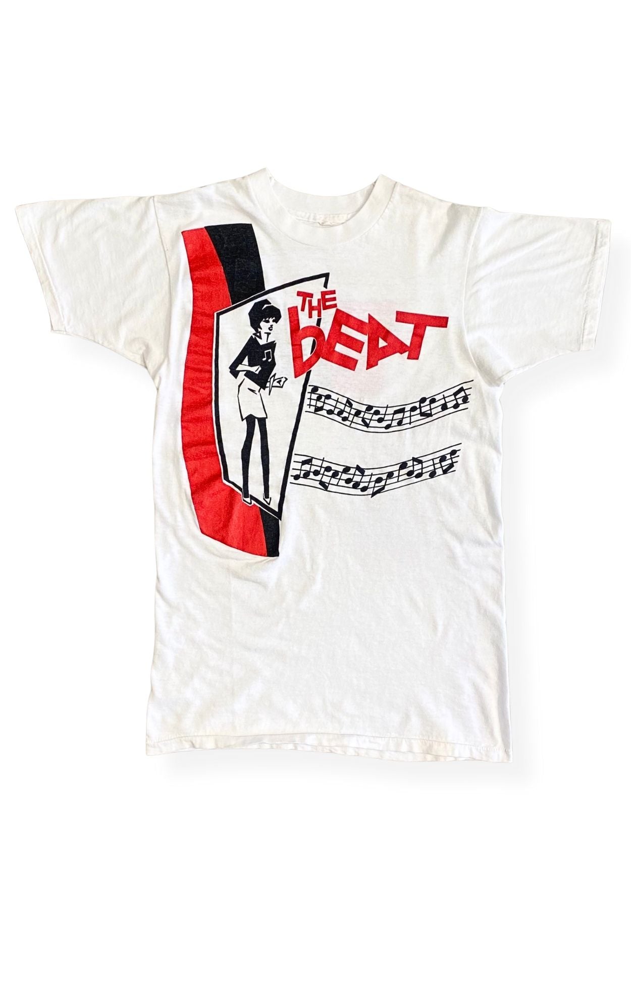 Front view of vintage 1980s English Beat T-shirt with red and black mod girl graphic.