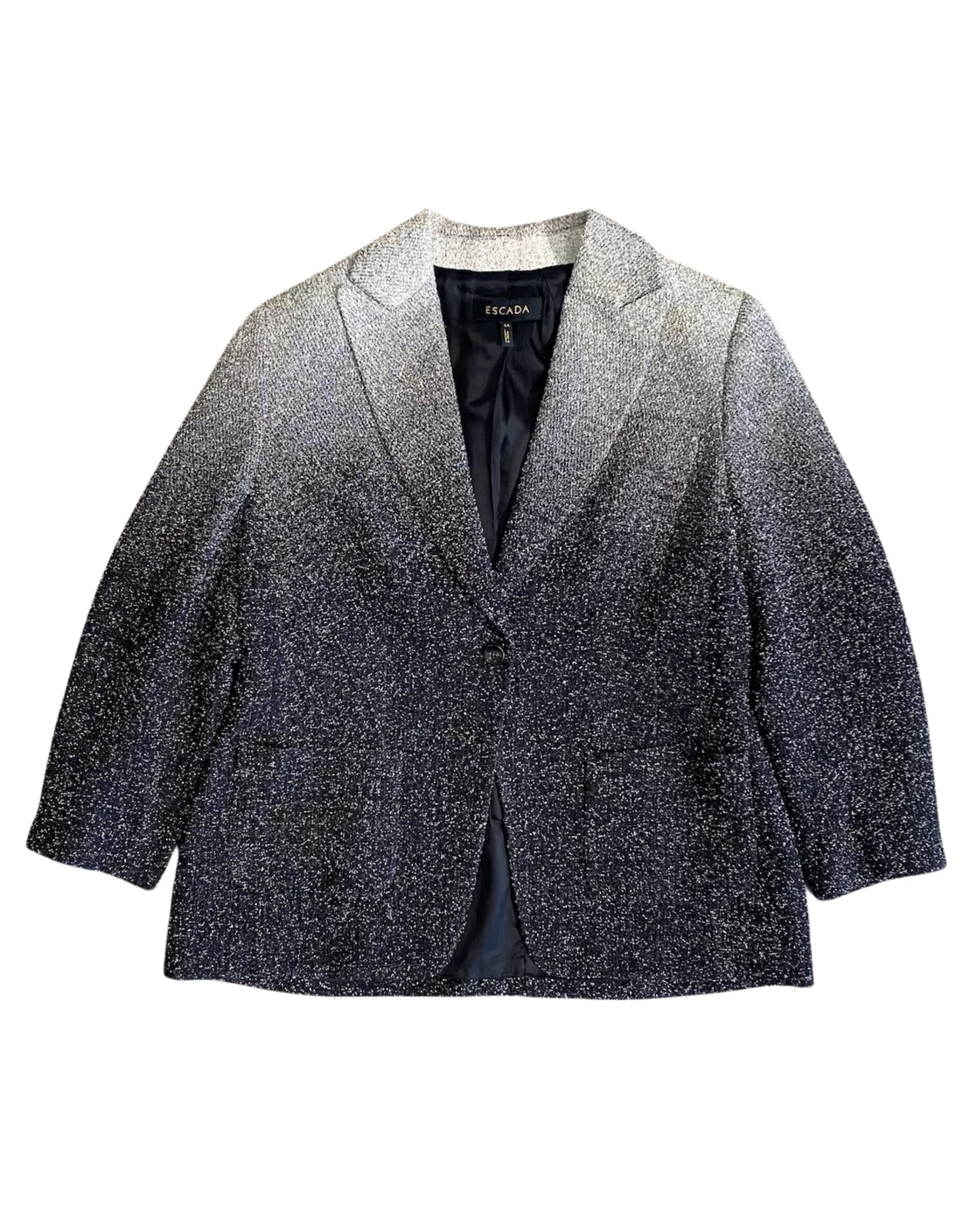 Front view of vintage 1980s Escada black and white snow-blizzard textured jacket.