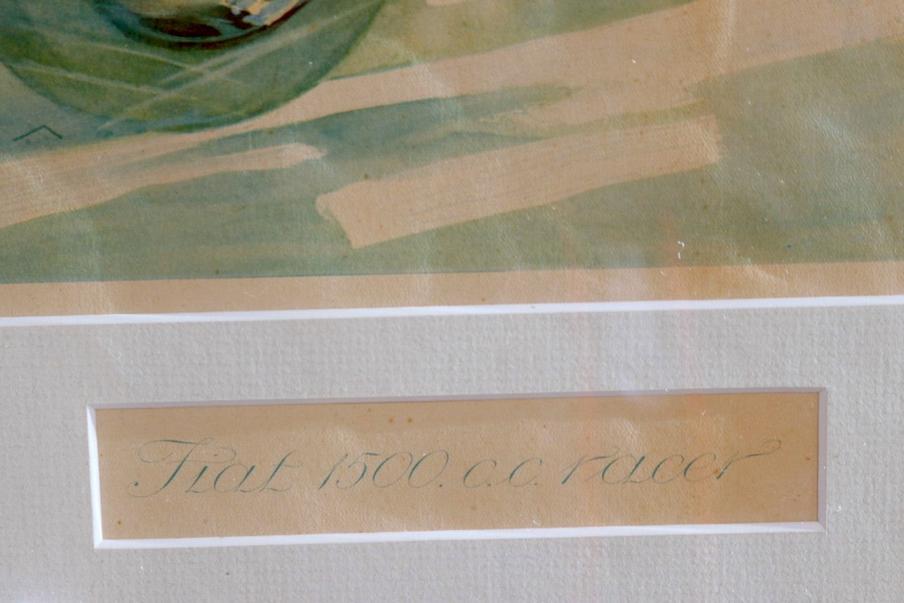 The upclose view of writing on the Fiat 150cc Racer Lithograph c. 1930s.