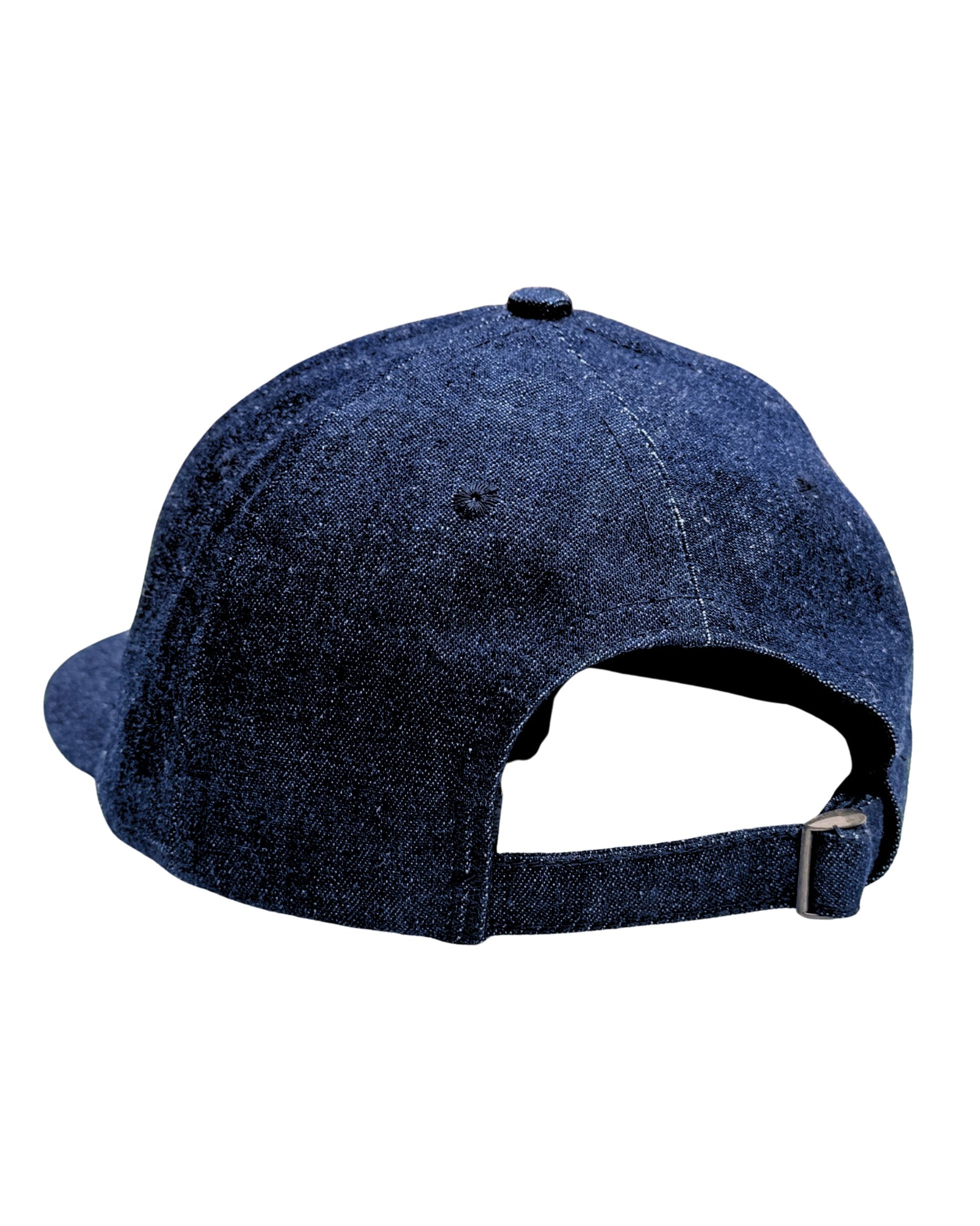 Back view of Surfing Cowboys dark-denim flex-bill shop cap with adjustable strap and metal buckle.