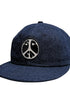 Front view of Surfing Cowboys Flex-Bill Peace Patch Shop Cap in dark denim.