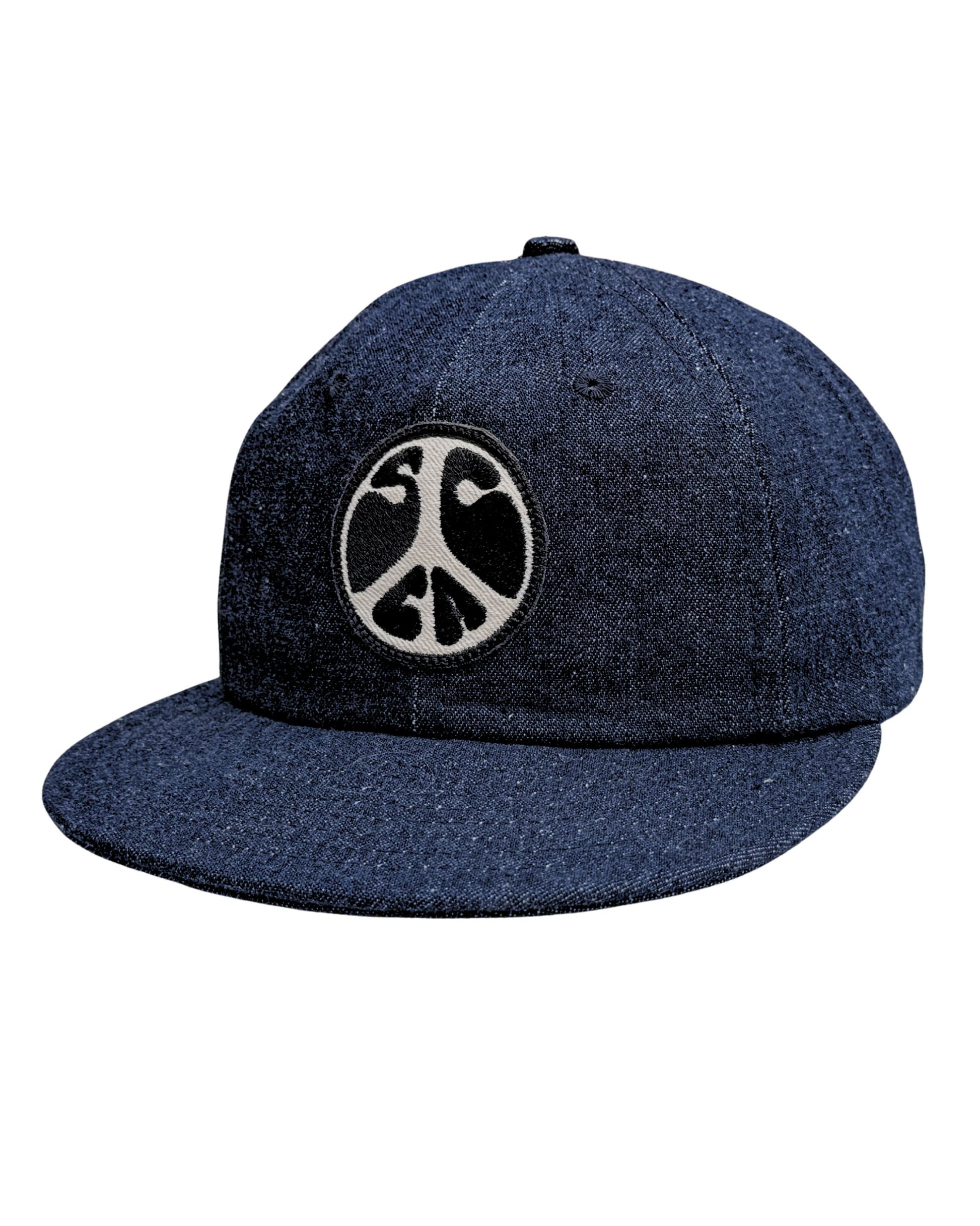 Front view of Surfing Cowboys Flex-Bill Peace Patch Shop Cap in dark denim.