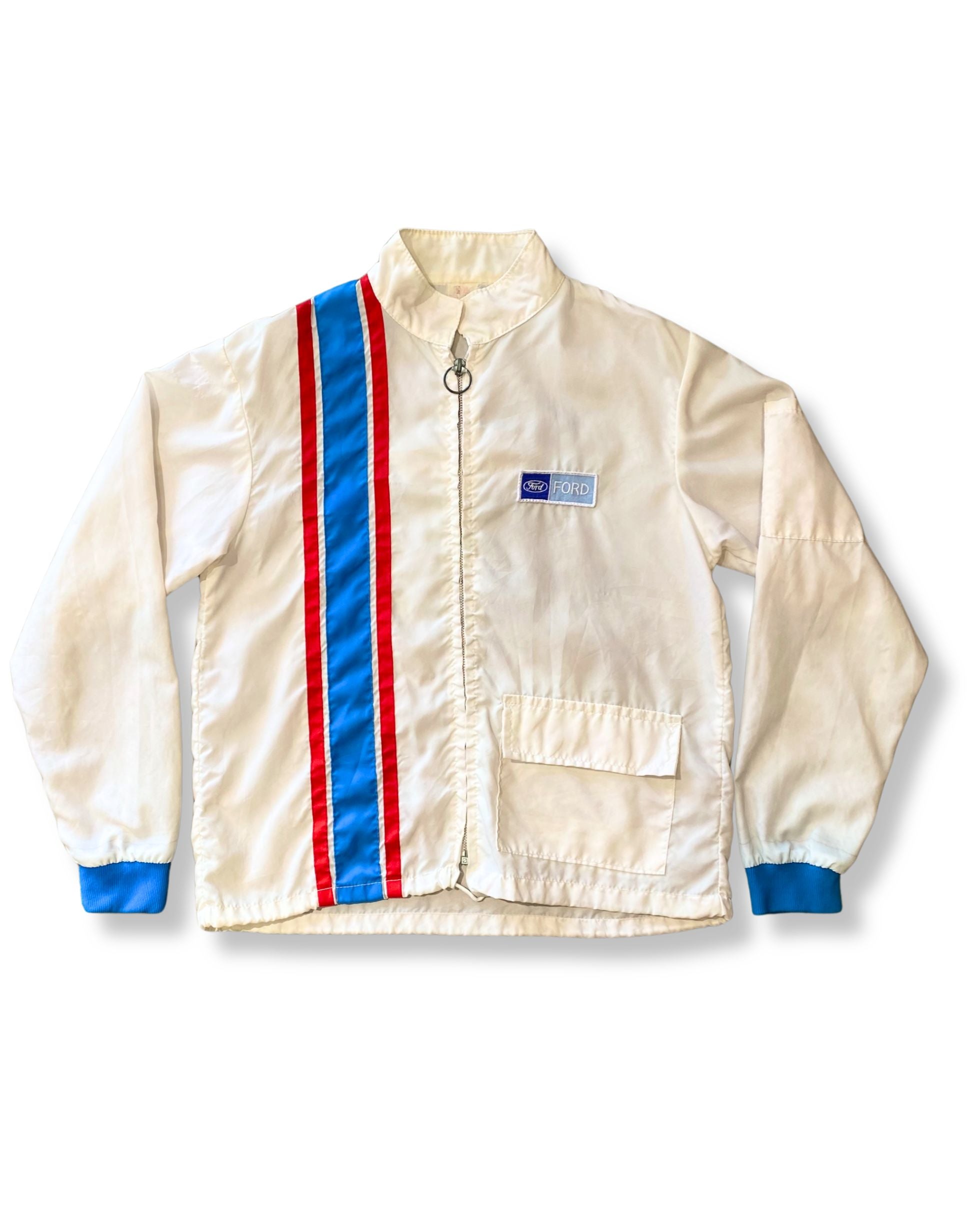 1970s Ford Windjammer Race Jacket - White with Blue and Red Stripes -  X-Large