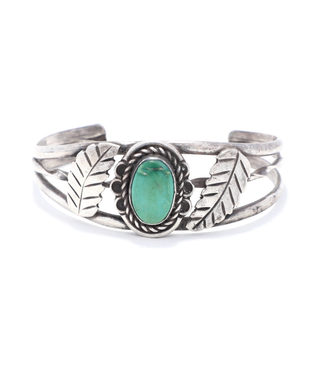 Fred Harvey Era Bracelet Oval Turquoise with Two Leaves on white background. 