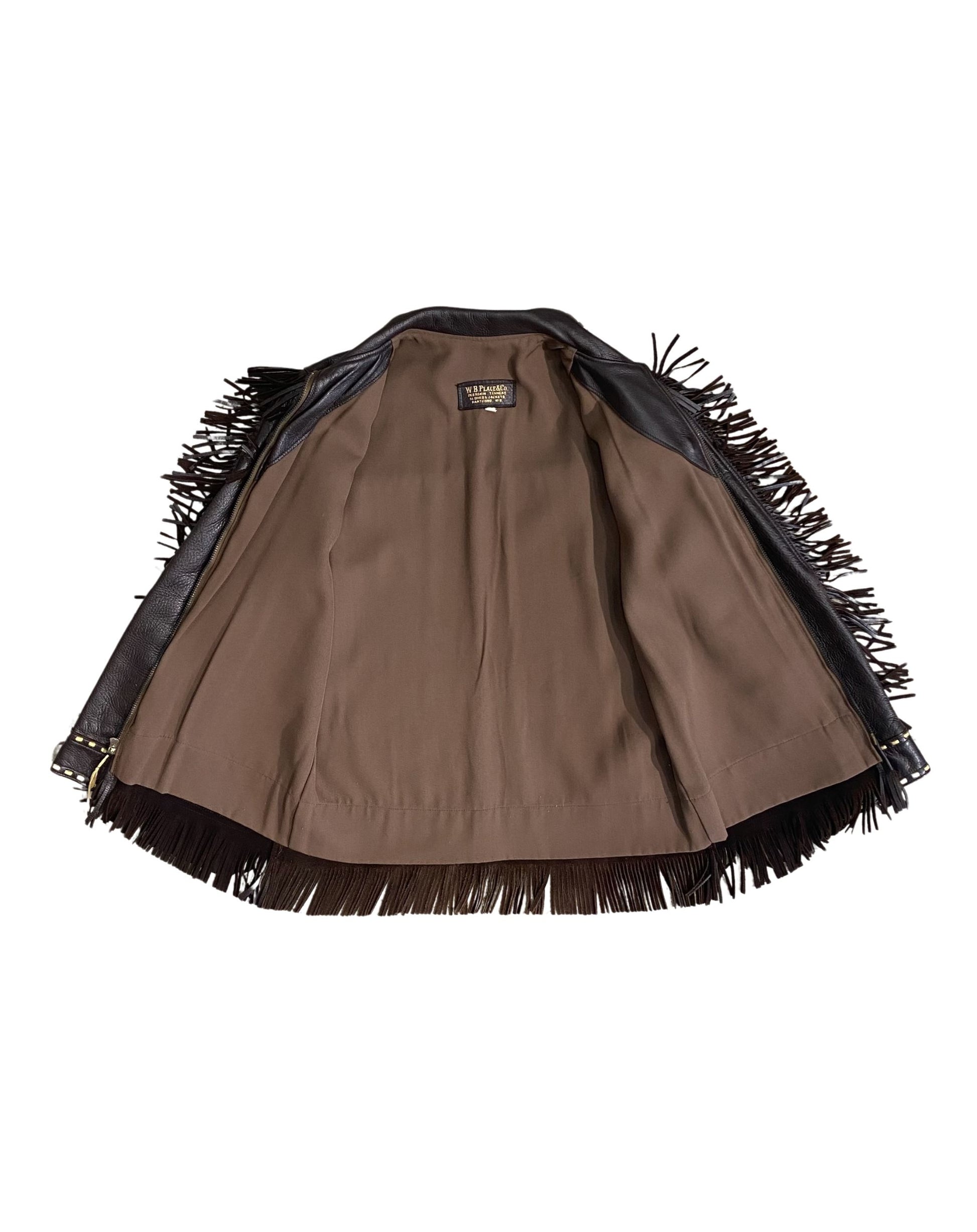 Brown Leather Fringe Jacket - open with black fringe on a white background