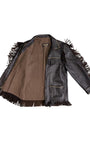 Black leather jacket with fringes on a white background