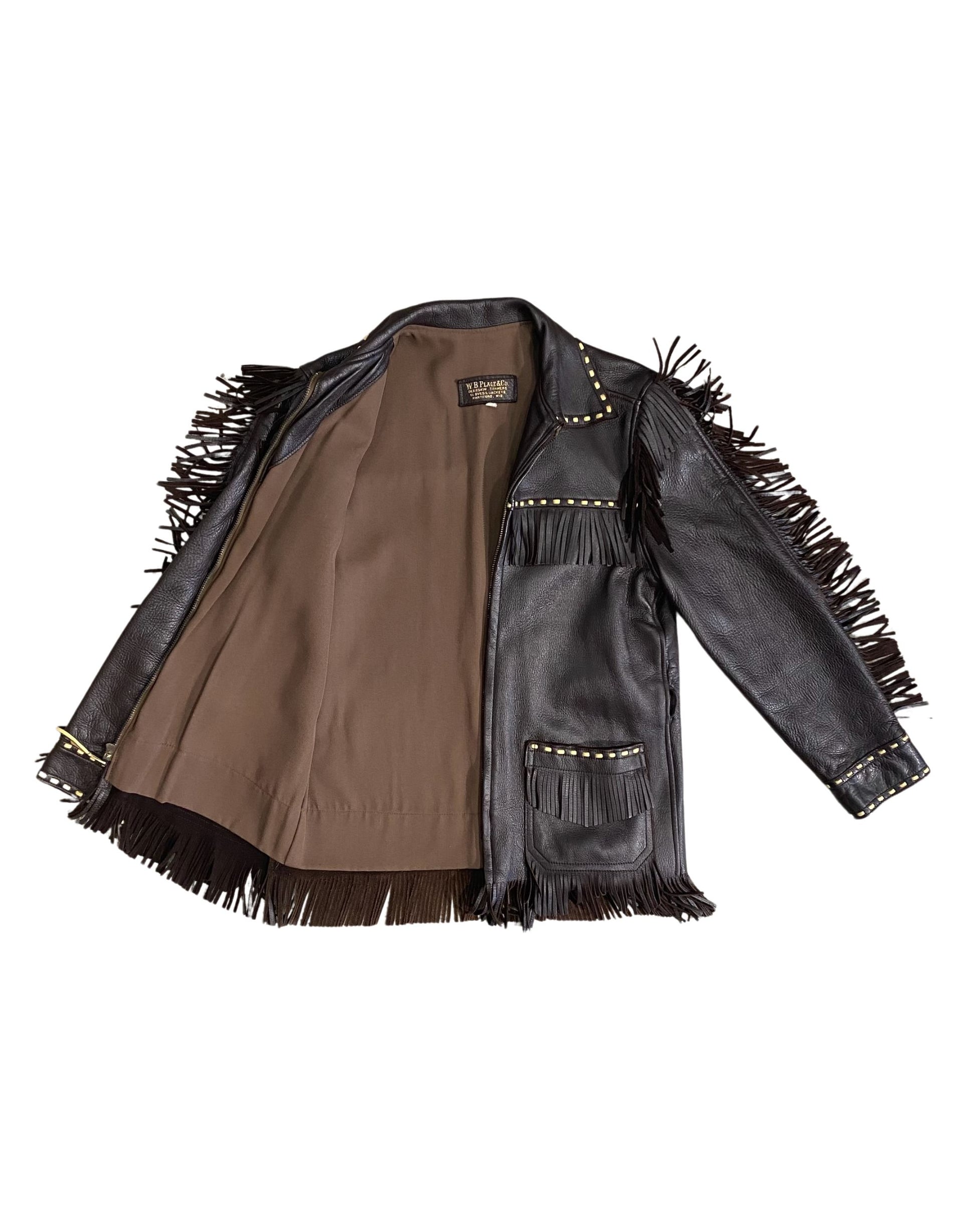 Black leather jacket with fringes on a white background