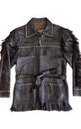 1970s brown leather fringe jacket with studded detail.
