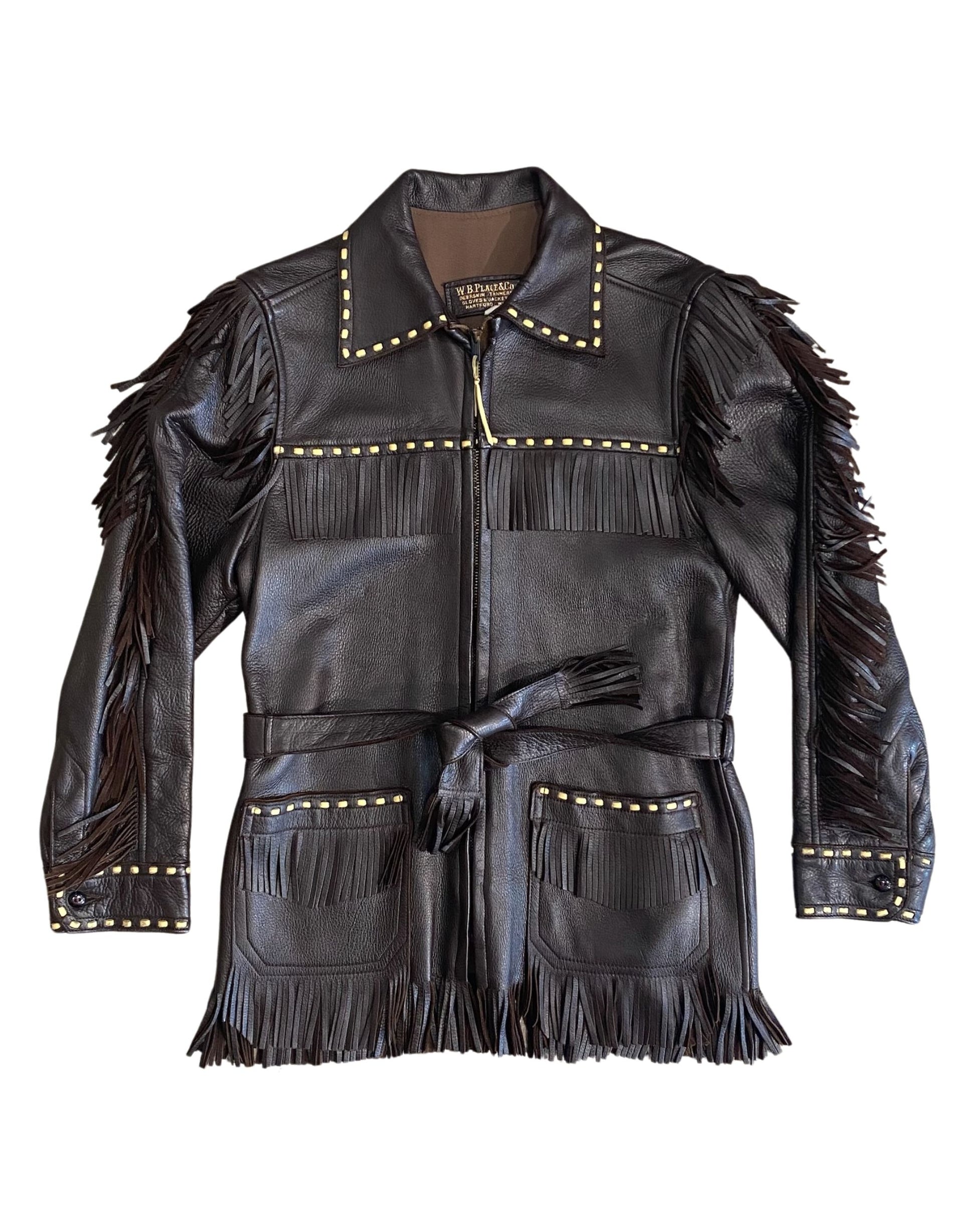 1970s brown leather fringe jacket with studded detail.