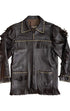Front view of jacket open and unbelted, with fringe pockets.