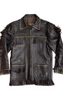Front view of jacket open and unbelted, with fringe pockets.