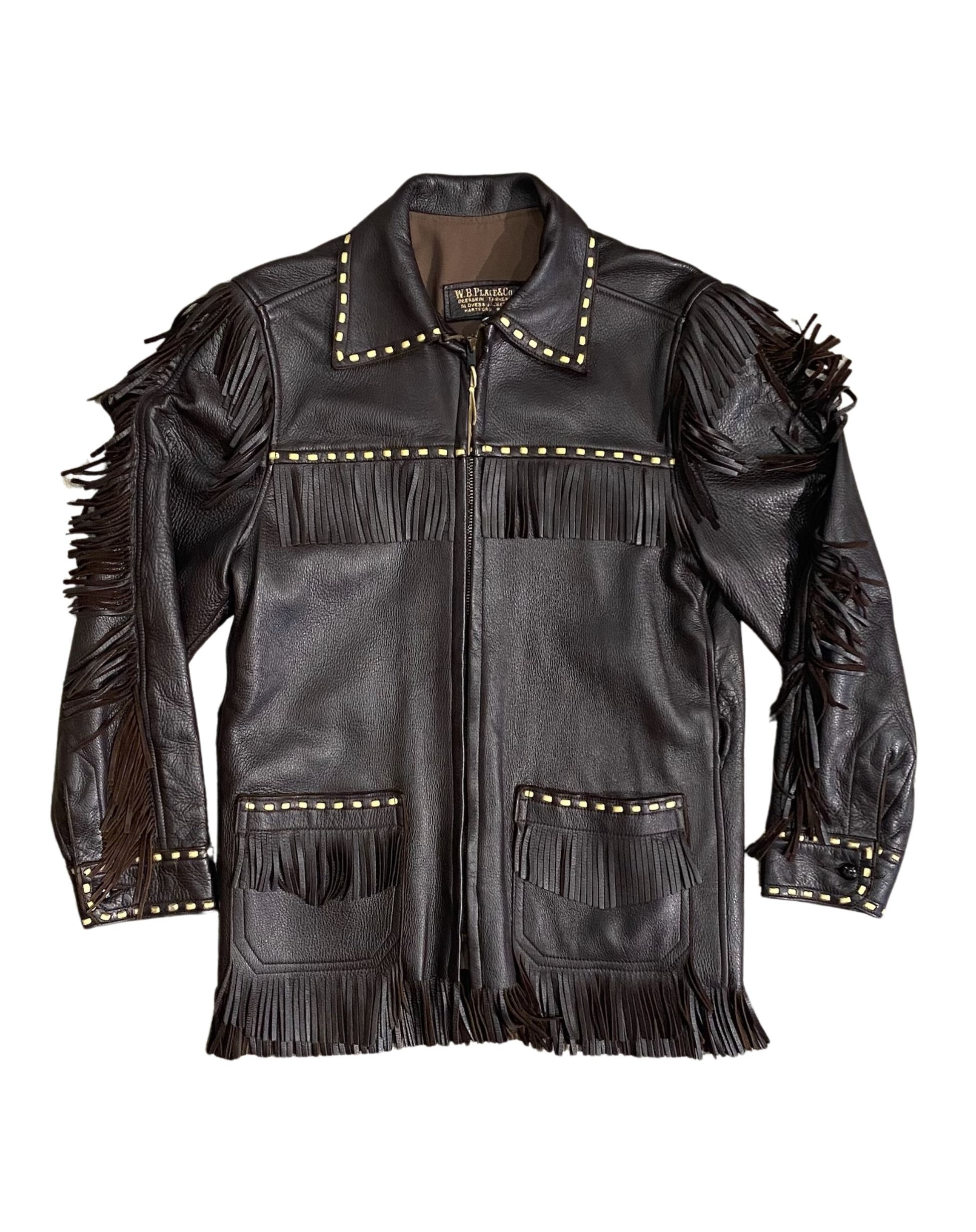 Front view of jacket open and unbelted, with fringe pockets.