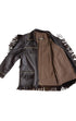 Black leather jacket with fringe details on a white background
