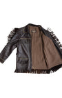 Black leather jacket with fringe details on a white background