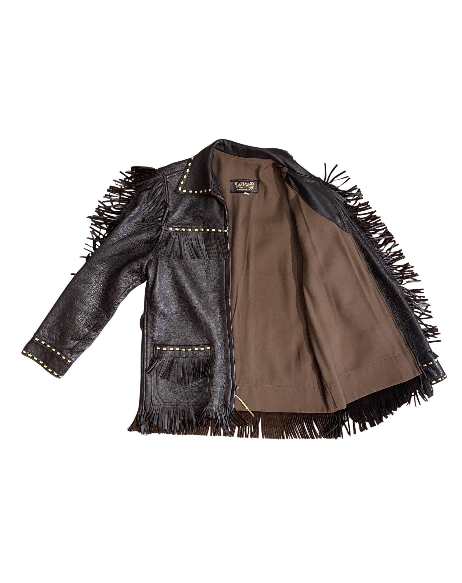 Black leather jacket with fringe details on a white background
