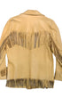 Back view of a butter tan deerskin jacket with long fringe across the yoke, sleeves, and hem.