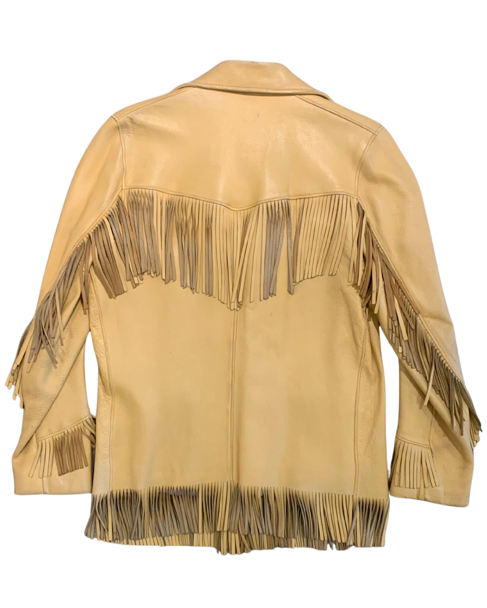 Back view of a butter tan deerskin jacket with long fringe across the yoke, sleeves, and hem.