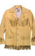 Front view of a butter tan deerskin jacket with fringe across the chest, sleeves, pockets, and hem.