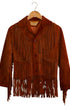 Front view of 1970s burnt orange suede fringe jacket on hanger.