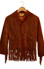 Front view of 1970s burnt orange suede fringe jacket on hanger.