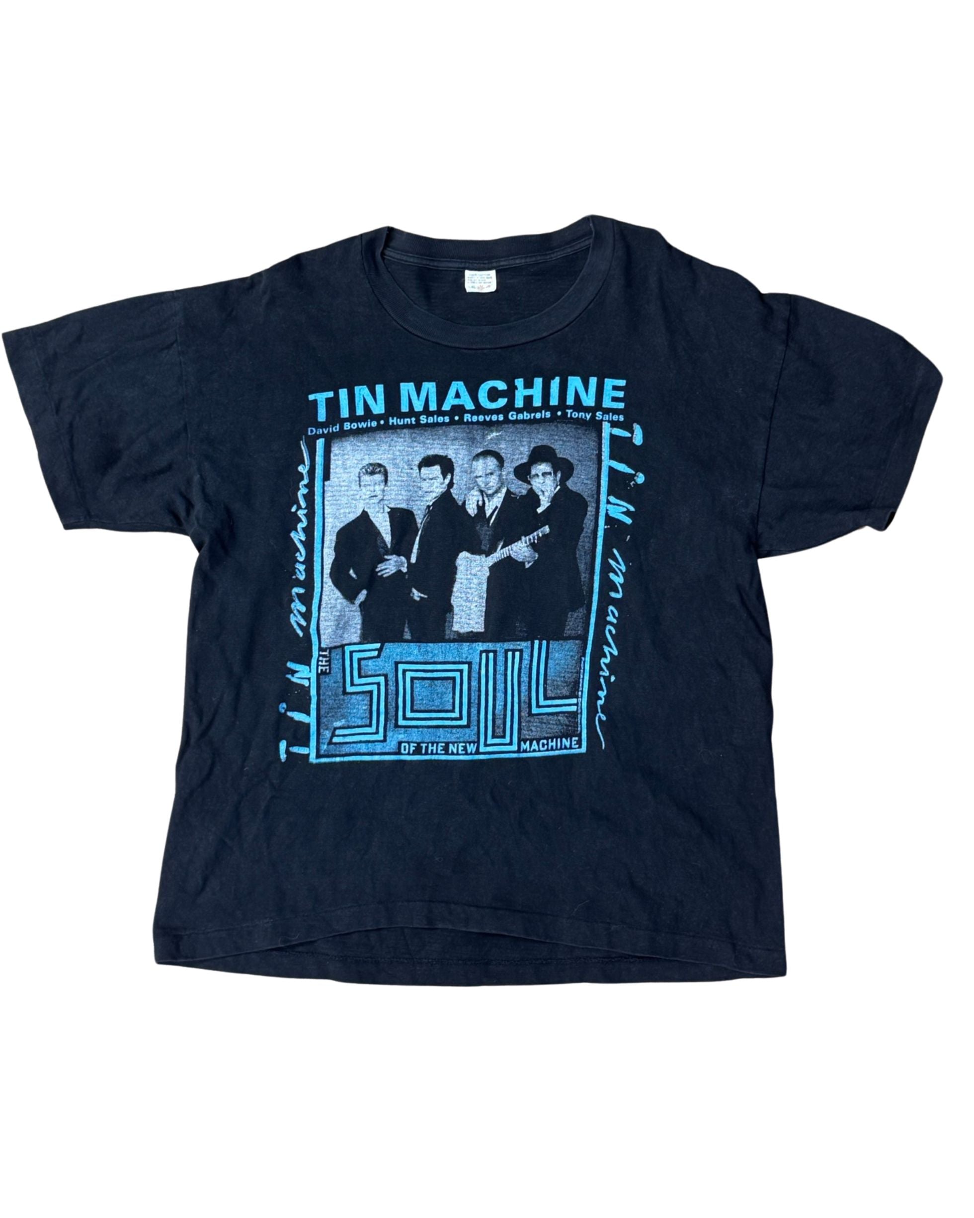  Front of vintage 1991 Tin Machine T-shirt with David Bowie and band in black and blue graphic.