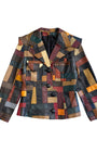 Front view of 1970s multi-color patchwork leather jacket.