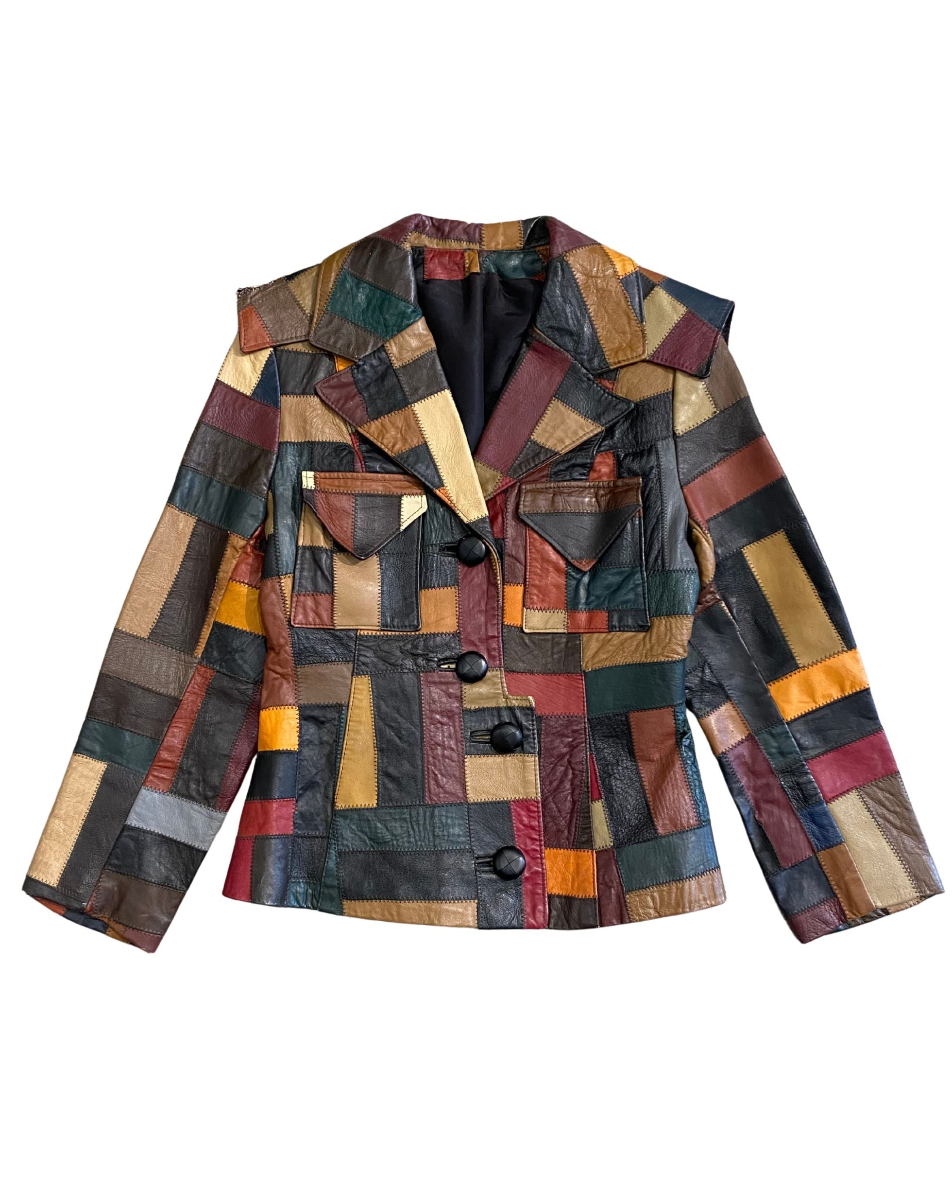 Front view of 1970s multi-color patchwork leather jacket.