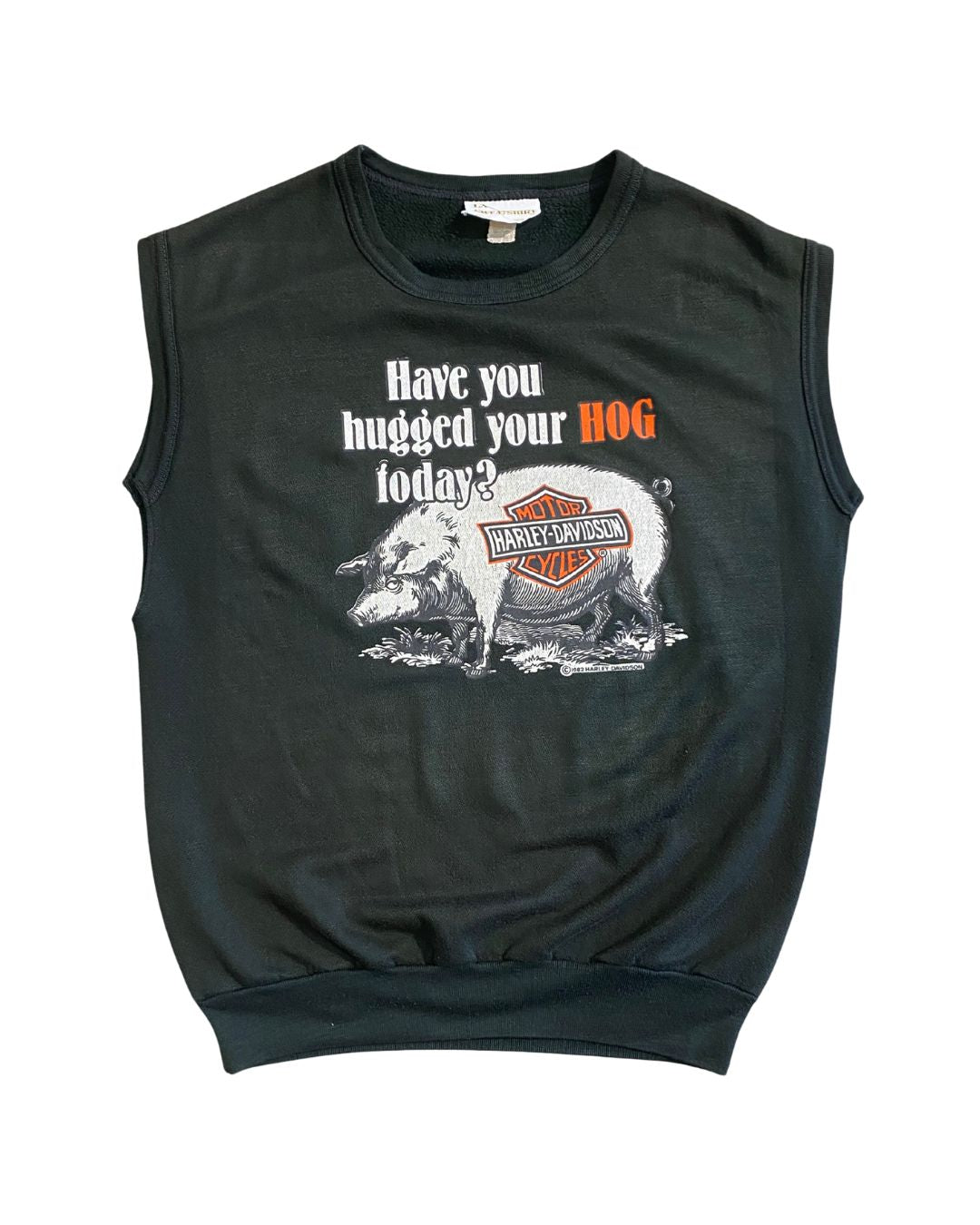 Front view of 1982 Harley-Davidson “Have You Hugged Your Hog Today?” black tank top.